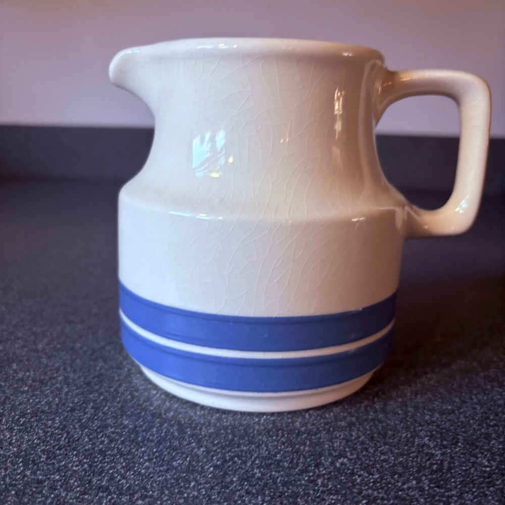 Blue Stripe Stoneware Pitcher – 20 oz Ceramic Jug – Farmhouse Decor